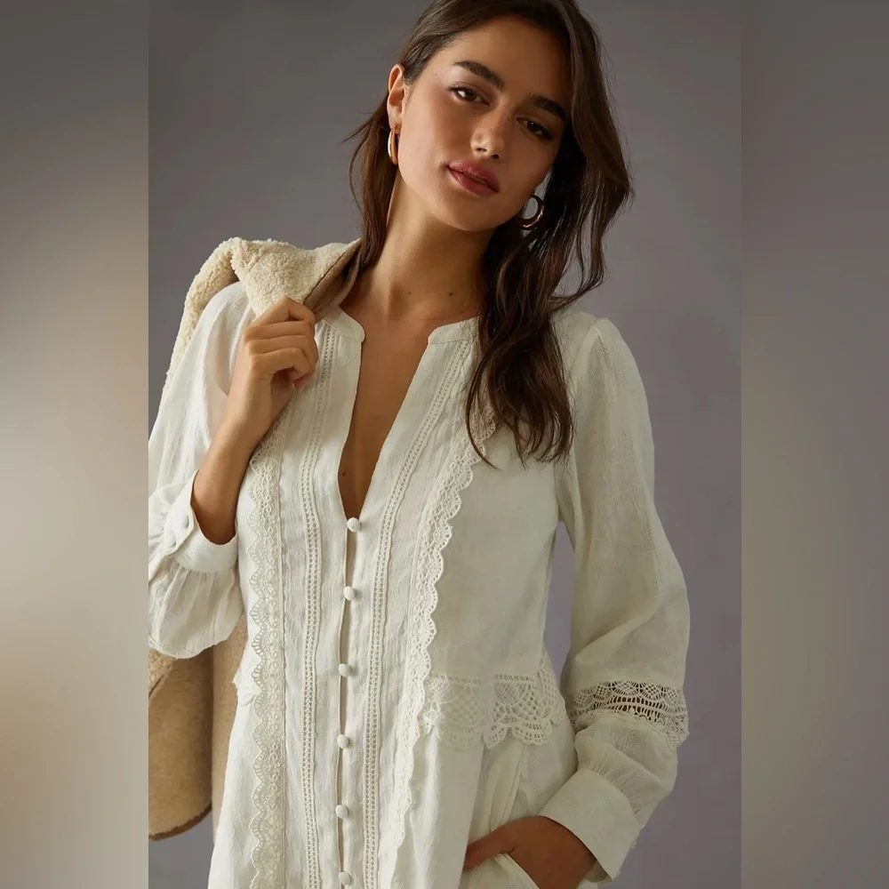 Anthropologie White Long Sleeve Dress Size Medium - Picture 8 of 12